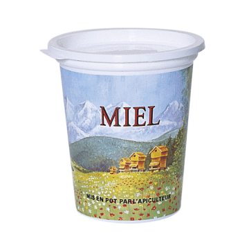 Lot de 280 pots plastique miel 500g psl décor montagne avec couvercles