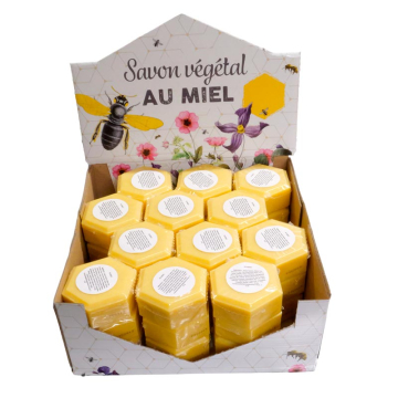 Présentoir de 36 savons au miel de thym, pollen 100 g - parfum chèvrefeuille