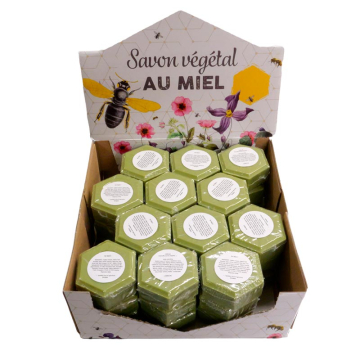 Présentoir de 36 savons au miel de thym et huile d'olive 100 g - parfum églantine