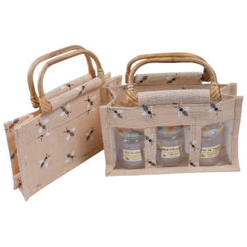 Panier cadeau en toile de jute "abeilles" - pour 3 pots de 500 g