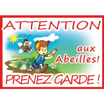 Panneau PVC de rucher "Attention Abeilles" motif petit garçon - 42x29,5 cm