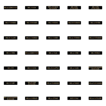 Étiquettes adhésives appellation miel rectangulaires 12x50mm or/noir