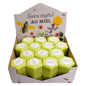 Présentoir de 36 savons au miel de thym et pollen 100 g - parfum menthe, citron, verveine, mojito