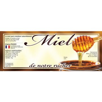 100 étiquettes personnalisables (modèle cuillère à miel) "Miel de notre rucher" - 154 x 60 mm