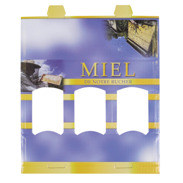 Coffret en carton bleu "Miel de notre rucher" pour emballage de 3 pots en verre 40 g