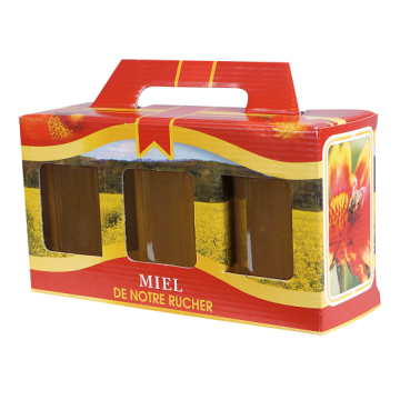 Coffret en carton rouge "Miel de notre rucher" pour emballage de 3 pots en verre 500 g