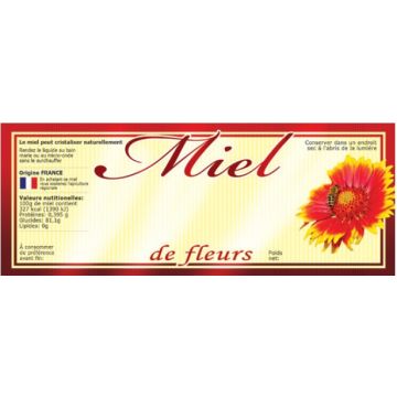 100 étiquettes personnalisables (modèle fleur rouge) "Miel de fleurs" - 154 x 60 mm
