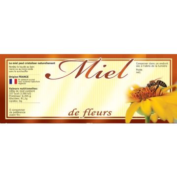 100 étiquettes personnalisables "Miel de fleurs" - modèle abeille tournesol - 154 x 60 mm