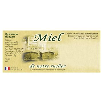 100 étiquettes personnalisables (modèle antique 2) "Miel de notre rucher" - 116 x 50 mm