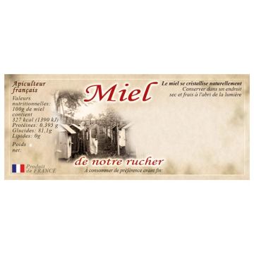 100 étiquettes personnalisables (modèle antique 5) "Miel de notre rucher" - 116 x 50 mm