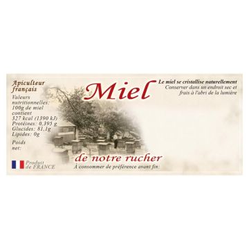 100 étiquettes personnalisables (modèle antique 7) "Miel de notre rucher" - 116 x 50 mm