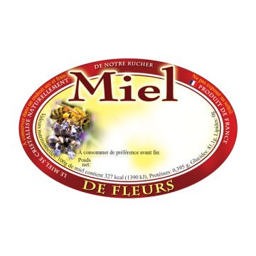 100 étiquettes personnalisables ovales "Miel de fleurs" - modèle fleurs et abeilles - 92 x 60 mm