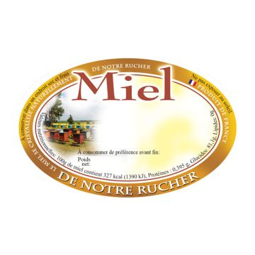100 étiquettes personnalisables ovales (modèle ruches) "Miel de notre rucher" - 92 x 60 mm