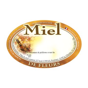 100 étiquettes personnalisables ovales (modèle alvéole et abeille) "Miel de fleurs" - 92 x 60 mm