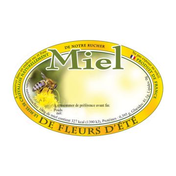 100 étiquettes personnalisables ovales "Miel de fleurs d'été" - 92 x 60 mm