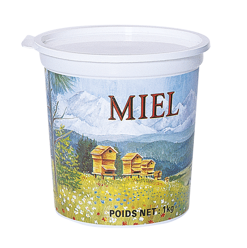 Pots plastique miel 1kg psl motif montagne - lot de 10 avec couvercles