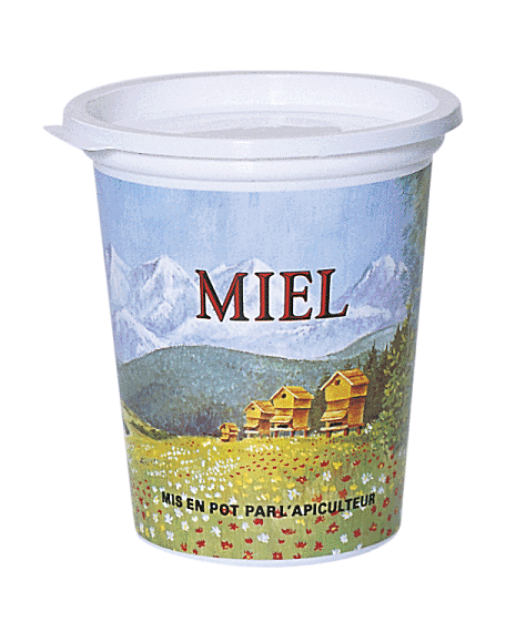 Lot de 280 pots plastique miel 500g psl décor montagne avec couvercles