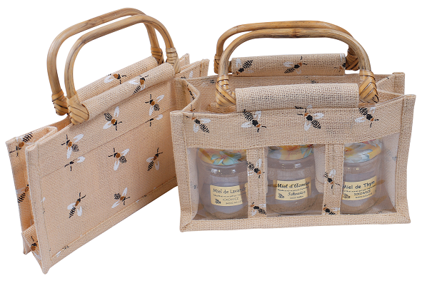 Panier cadeau en toile de jute "abeilles" - pour 3 pots de 250 g