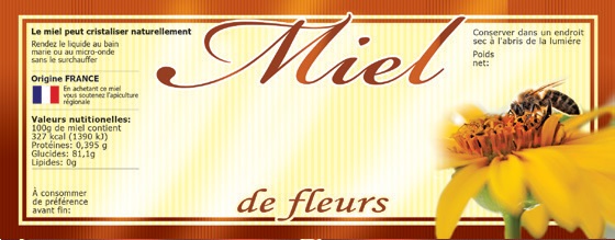 Lot de 100 étiquettes miel de fleurs - modèle abeille tournesol