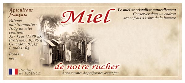 100 étiquettes adhésives 'miel de notre rucher' style antique 116x50mm