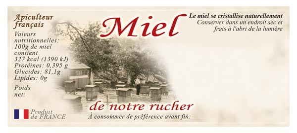 Étiquettes adhésives miel de notre rucher style antique 116x50 mm (x100)