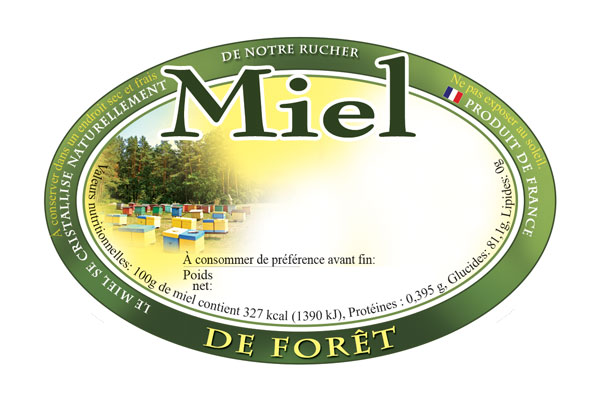 100 étiquettes adhésives ovales miel de forêt 92x60mm personnalisables