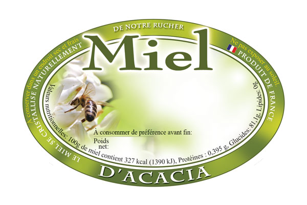 100 étiquettes ovales personnalisables "miel d'acacia" - 92x60 mm