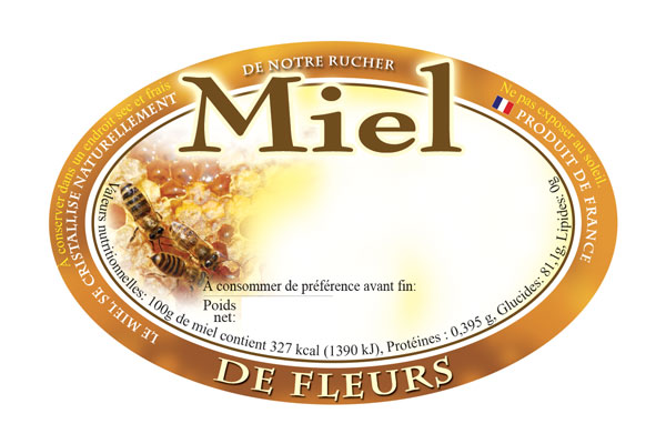 100 étiquettes personnalisables ovales 'miel de fleurs' (alvéole/abeille)