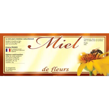 Lot de 100 étiquettes miel de fleurs - modèle abeille tournesol