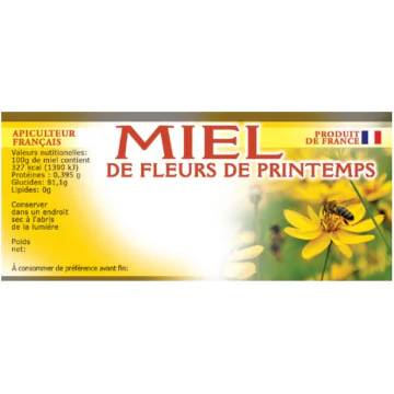 100 étiquettes "miel de fleurs de printemps" personnalisables 116x50mm