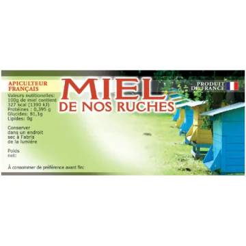 Lot de 100 étiquettes miel de nos ruches - modèle rucher (116x50mm)