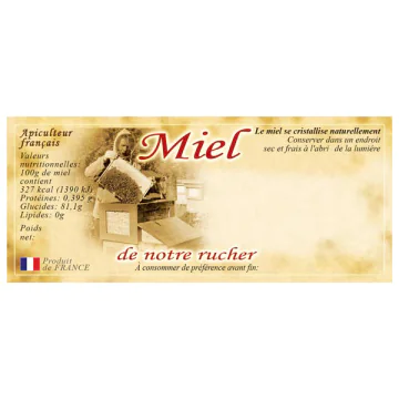 100 étiquettes adhésives miel personnalisables modèle antique 116x50mm