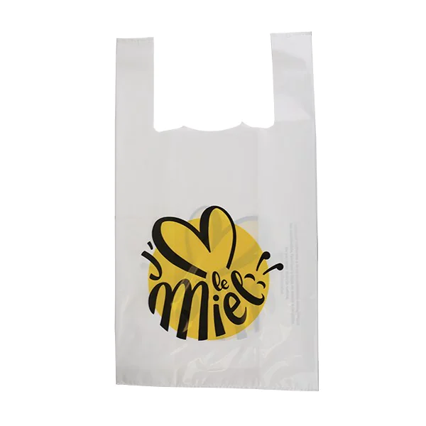 Sacs plastique à bretelle "j'aime le miel" - Liasse de 25 sacs