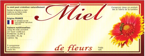 100 étiquettes adhésives "miel de fleurs" modèle fleur rouge