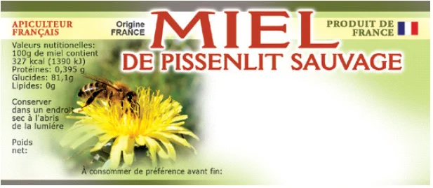Lot de 100 étiquettes miel de pissenlit sauvage 116x50 mm