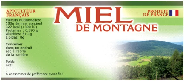 100 étiquettes pots miel de montagne personnalisables 116x50mm