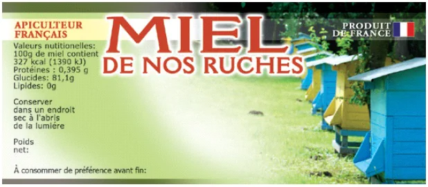 Lot de 100 étiquettes miel de nos ruches - modèle rucher (116x50mm)