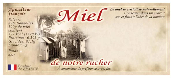 100 étiquettes adhésives 'miel de notre rucher' style antique 116x50mm