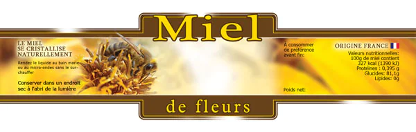 100 étiquettes jaunes personnalisables 'miel de fleurs' 185x55mm