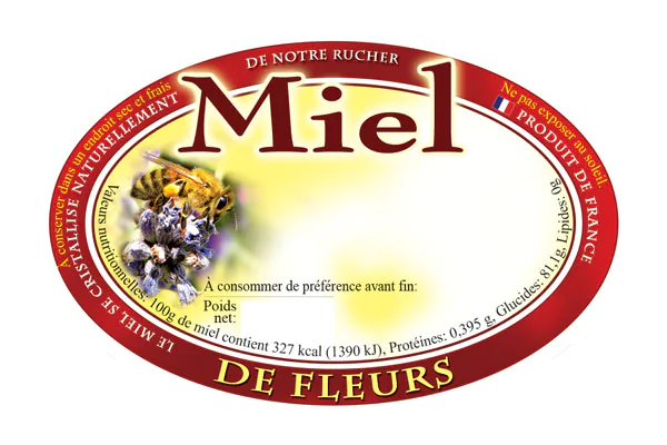 100 étiquettes ovales 'miel de fleurs' personnalisables 92x60mm