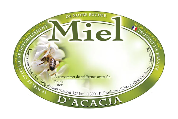 100 étiquettes ovales personnalisables "miel d'acacia" - 92x60 mm