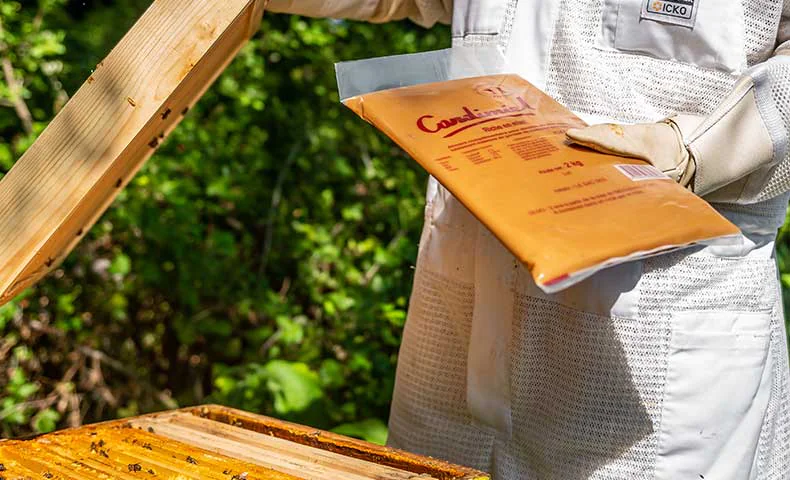 Apiculteur tenant un sachet de CandiMiel à l'ouverture d'une ruche