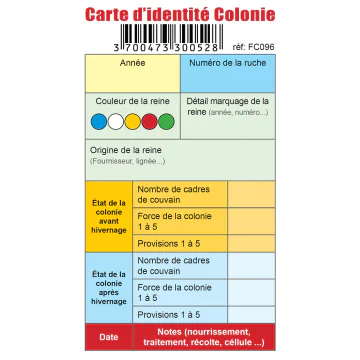 10 fiches de suivi et d'identité pour colonies d'abeilles