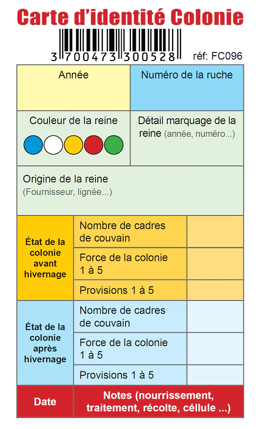 10 fiches de suivi et d'identité pour colonies d'abeilles
