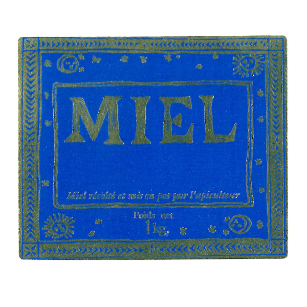 100 étiquettes pour pot miel 1 kg - modèle antique bleu 70x58 mm