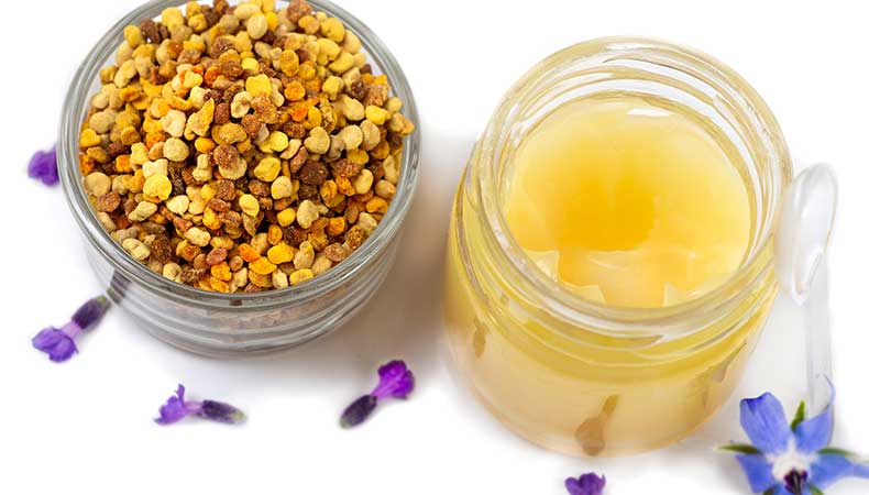 Pollen et gelée royale – les trésors nutritionnels de la ruche Pot de pollen sec et pot de gelée royale fraîche avec fleurs – compléments naturels de la ruche