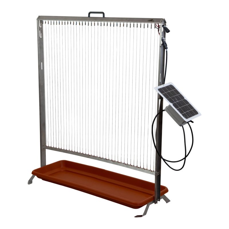 Harpe électrique à frelon avec panneau solaire et bac.